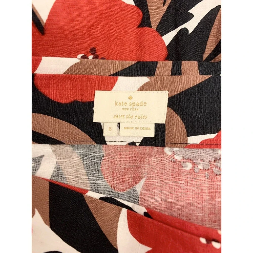 Kate Spade A Line Wrap Skirt Size 6 30” Red Brown Black Floral Linen Cotton